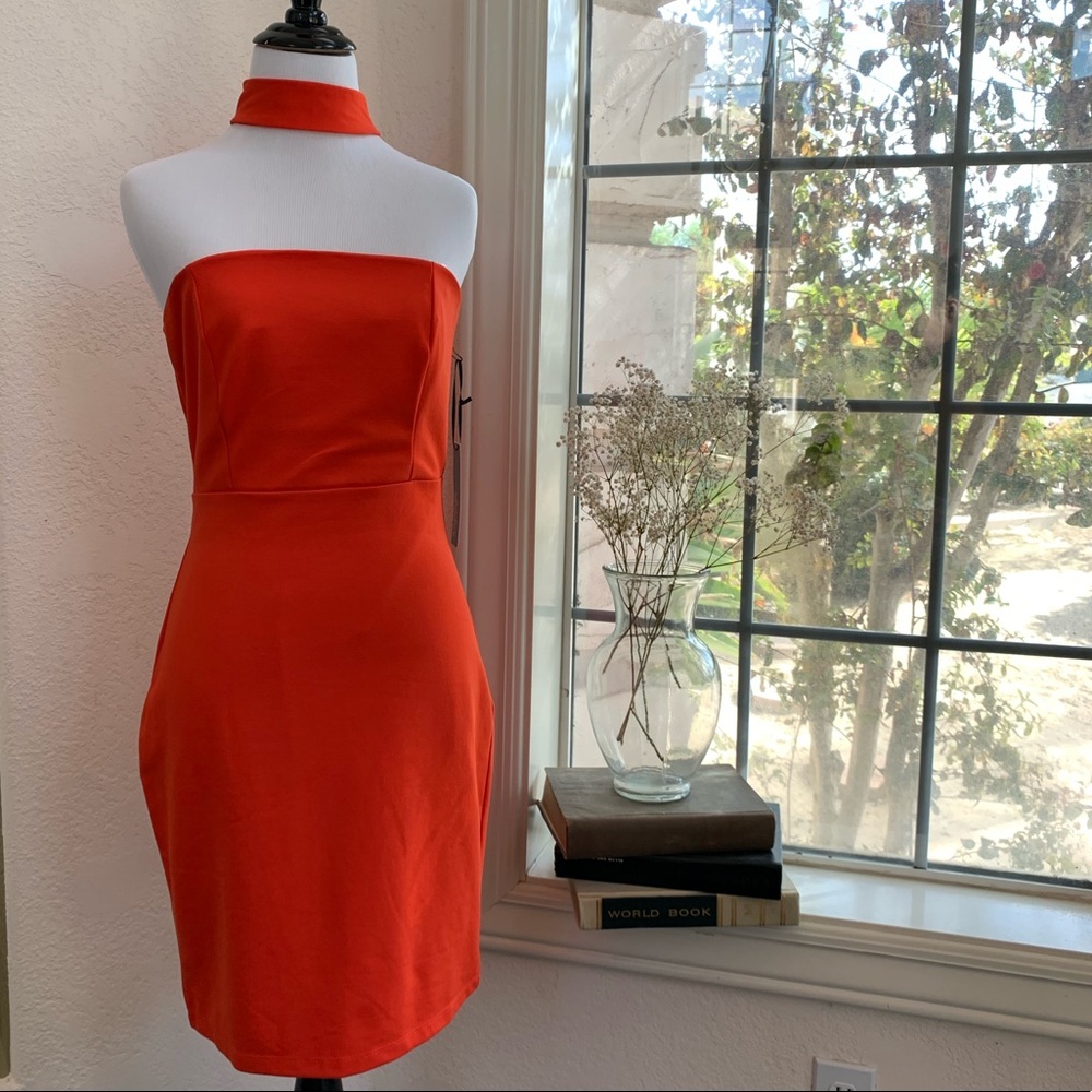 Lulus Red Orange bodycon strapless choker dress